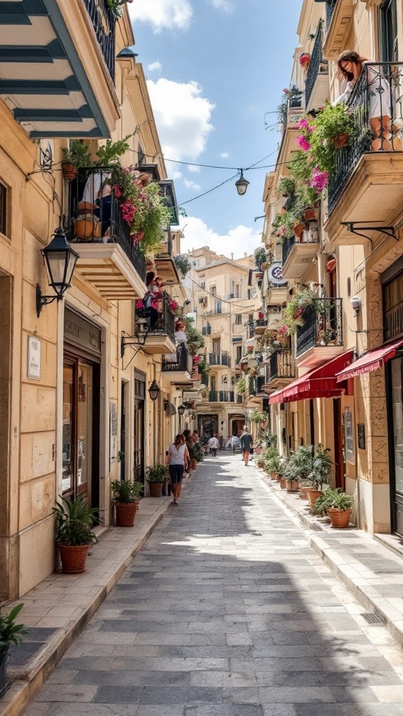 A picturesque Maltese street showcasing traditional balconies adorned with flowers.