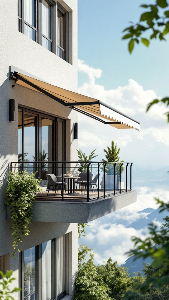 Stylish balcony with retractable awning and plants, overlooking a scenic view.