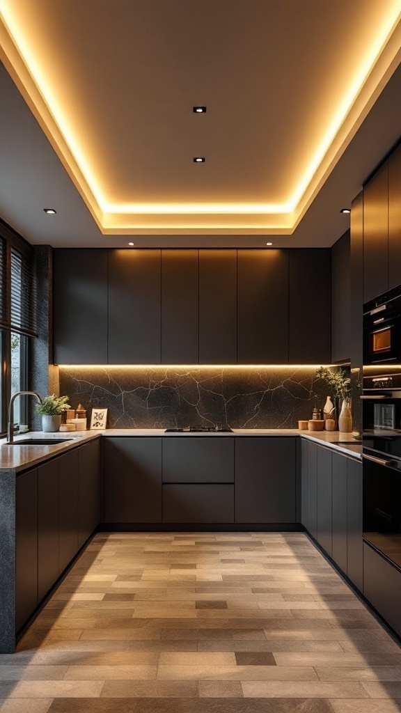 Stylish kitchen with cove lighting highlighting the ceiling.