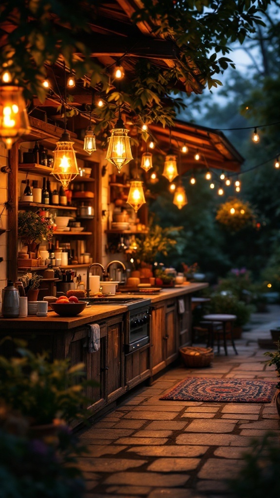 An outdoor kitchen at dusk, illuminated by stylish string lights and lanterns, creating a warm and inviting atmosphere.