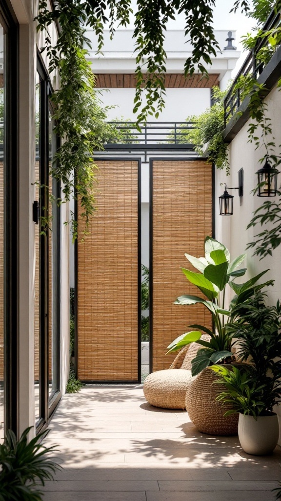 Stylish balcony atrium with privacy screens and plants