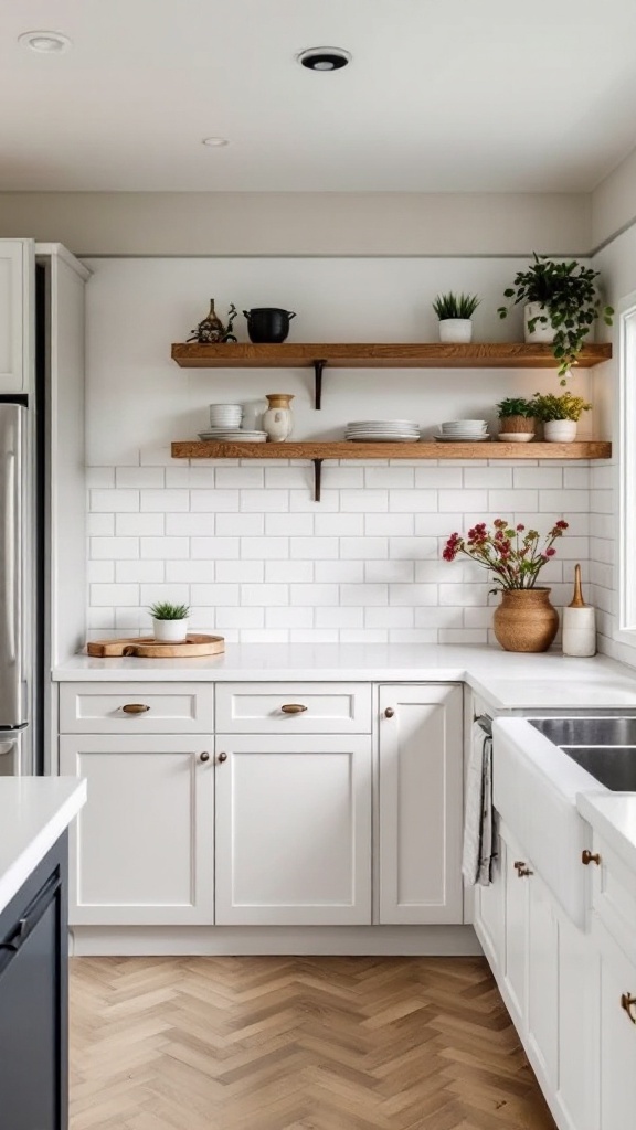 A kitchen with subway tiles and wooden shelves, featuring a modern and cozy design.