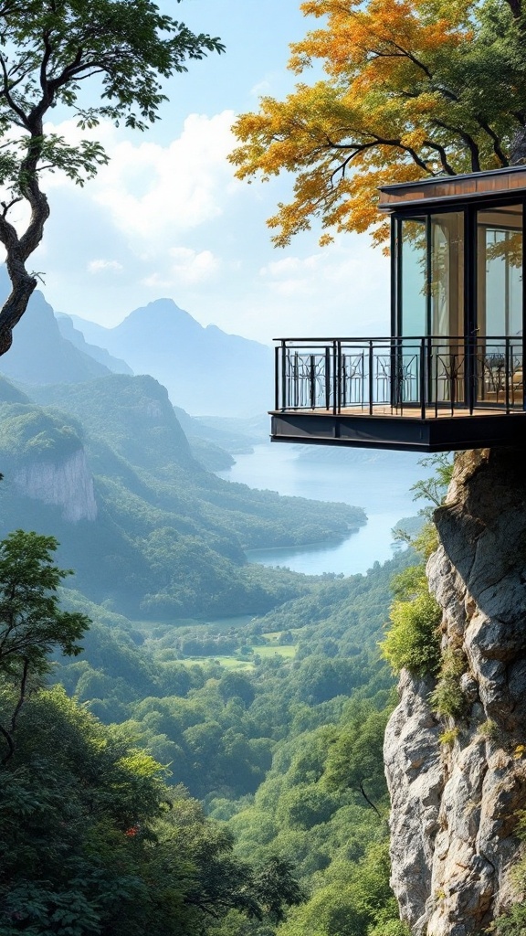 A cantilevered balcony overlooking a lush green valley and mountains.