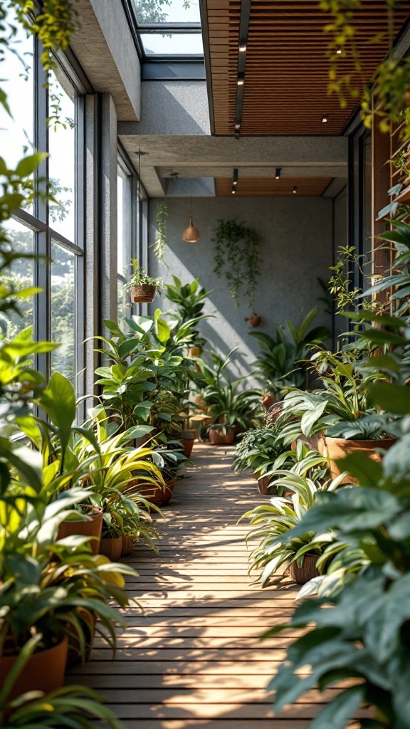 A sunlit balcony atrium filled with various plants and a wooden walkway.