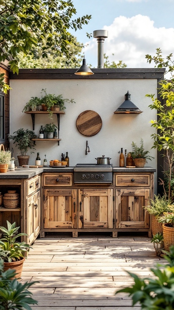 A modern rustic outdoor kitchen with wooden cabinets, a grill, and plants.