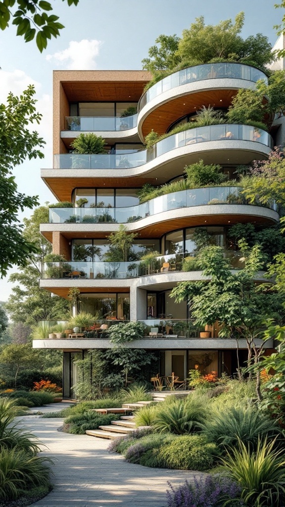 A modern building featuring stacked balconies with greenery and plants.