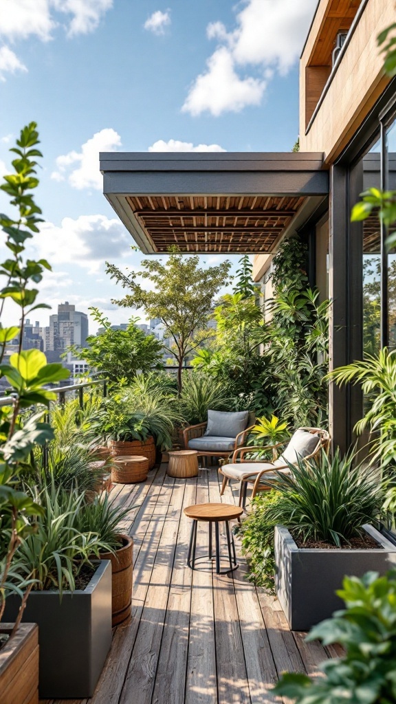 A beautifully designed modular balcony with lush plants and natural materials.