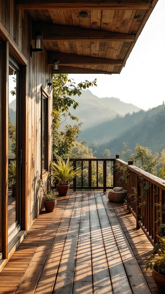 A wooden balcony with a stunning view of mountains and trees.