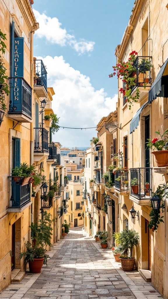 A charming street in Malta showcasing traditional balconies adorned with flowers and plants.