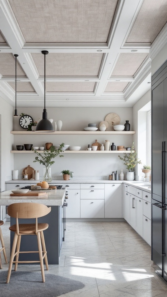 A kitchen featuring textured fabric panels on the ceiling, with modern cabinetry and open shelves.