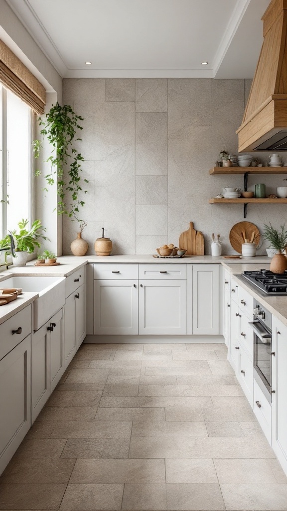 A modern kitchen featuring textured stone dado tiles and white cabinetry.