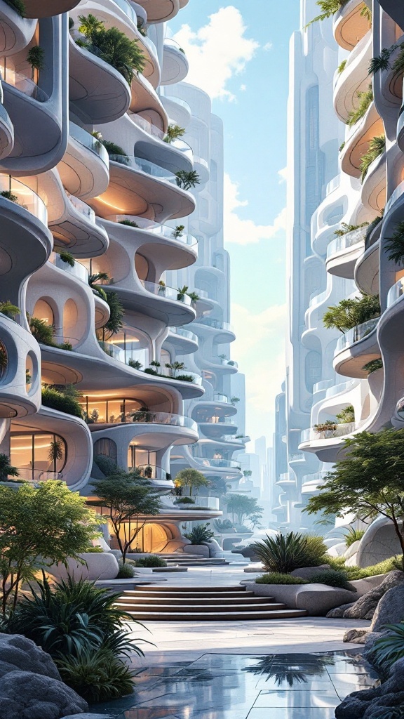 Futuristic stacked balcony architecture featuring greenery and spacious designs.