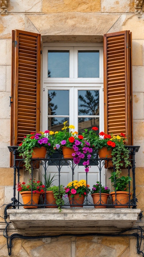 A traditional Maltese balcony with wooden louvered shutters and colorful flower pots.