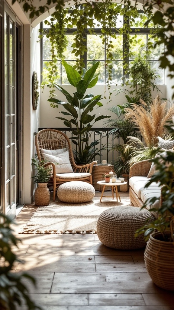 A cozy balcony atrium decorated with plants, a comfortable chair, and natural materials.