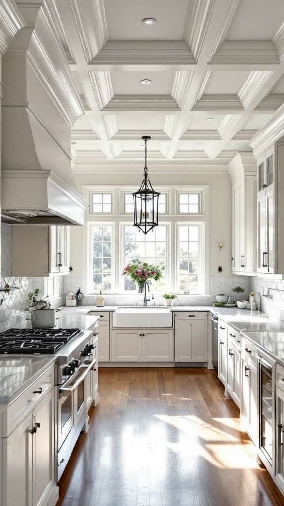 A kitchen featuring a traditional coffered ceiling with white cabinetry and a central light fixture.