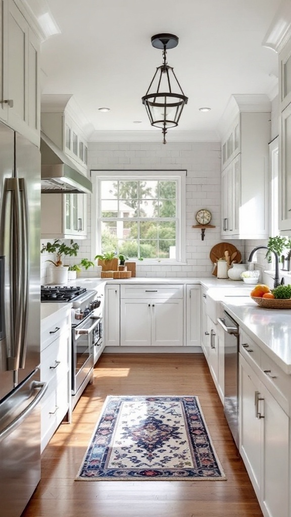 A bright galley kitchen featuring white cabinets, modern appliances, and warm wooden floors.