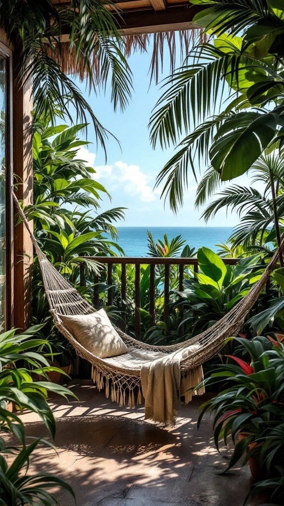 A tropical balcony with a hammock surrounded by plants and an ocean view.