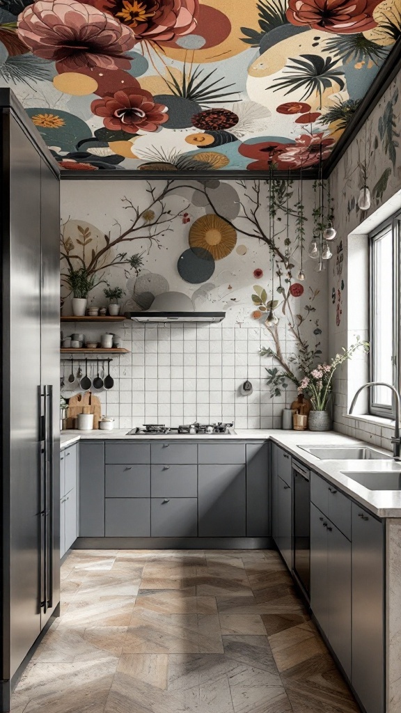 Vibrant floral false ceiling design in a modern kitchen.