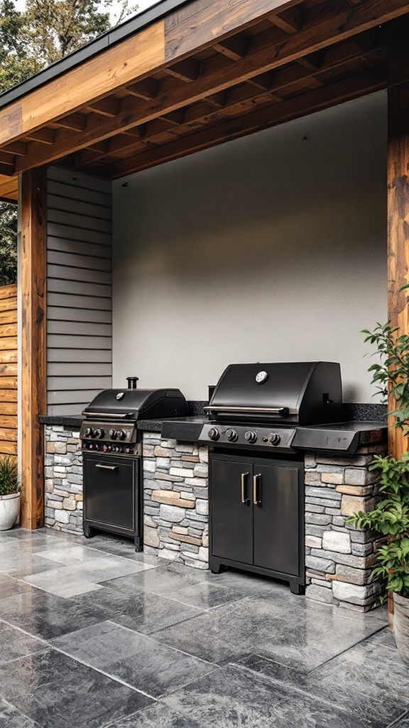 Modern rustic outdoor kitchen with barbecue stations featuring sleek grills and stone countertops.