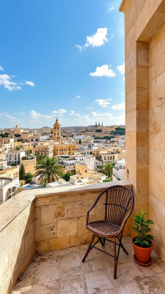 A corner balcony in Mdina overlooking the city with a chair and a potted plant.