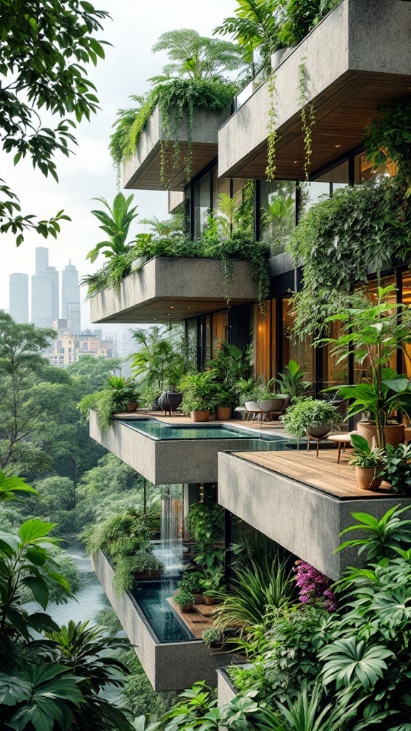 A modern cantilevered balcony surrounded by lush plants and water features overlooking a cityscape.