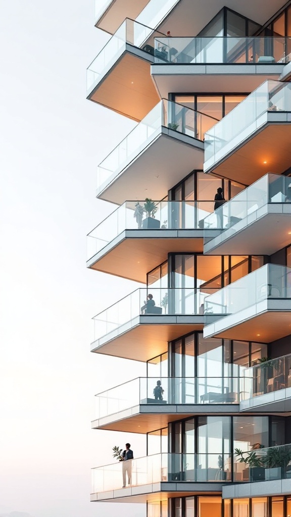 A modern building featuring stacked balconies made of glass.