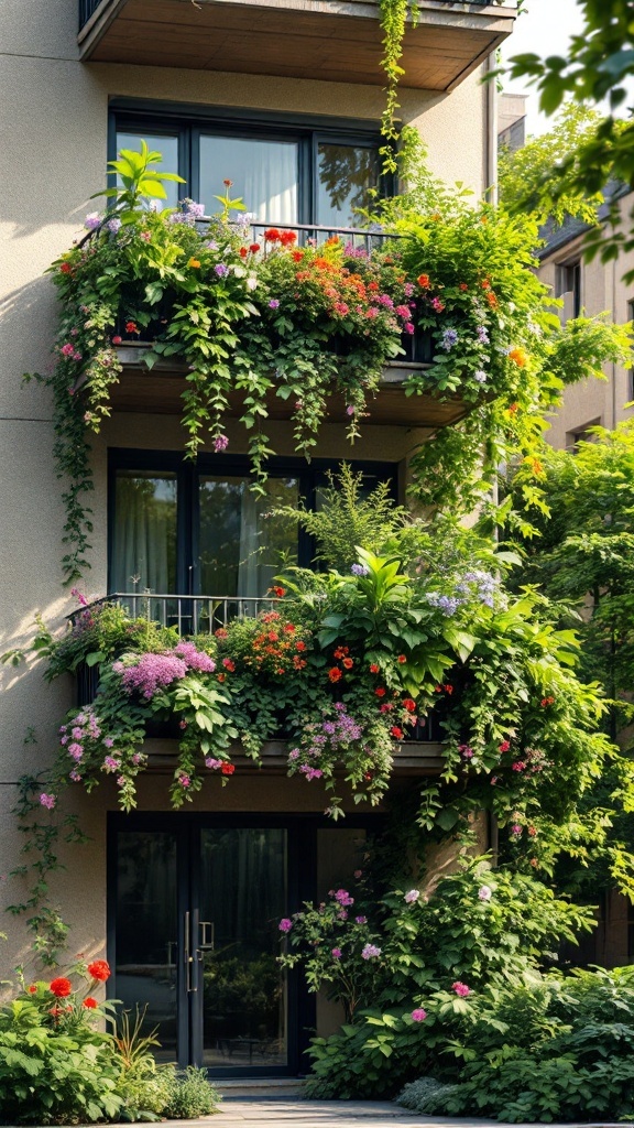 A balcony adorned with vibrant vertical gardens, showcasing various colorful flowers and greenery.