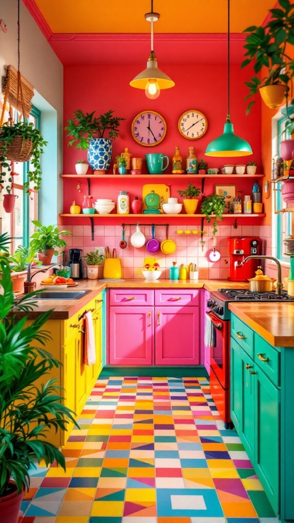 A vibrant and colorful kitchen featuring pink, yellow, and green cabinets, a patterned floor, and lively decor.