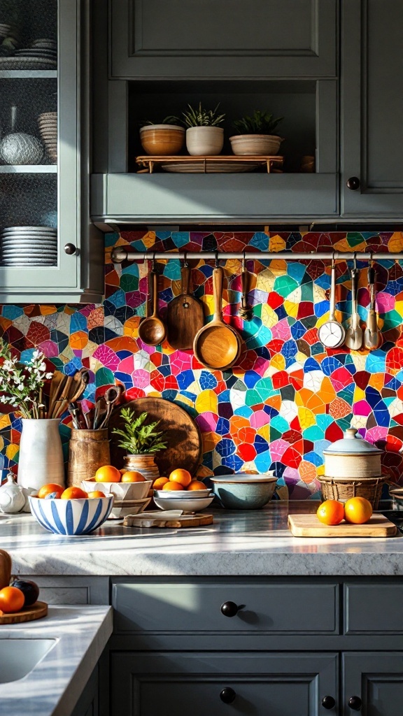 A vibrant kitchen with colorful mosaic dado tiles and kitchenware.