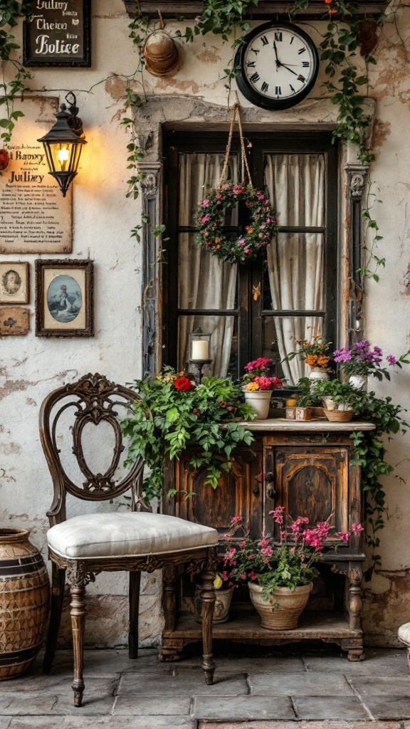 A vintage balcony with wooden furniture, flowers, and a clock, showcasing charming decor.