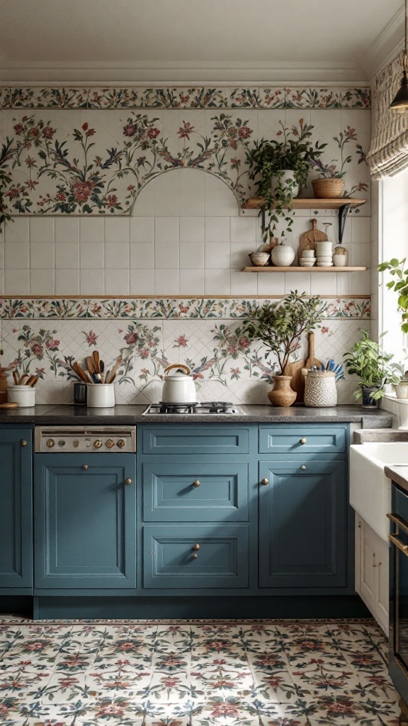 A kitchen showcasing vintage floral dado tiles on the walls and patterned flooring.