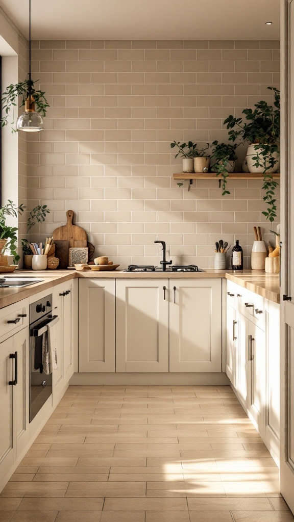 Cozy kitchen featuring warm beige dado tiles, natural wood accents, and greenery