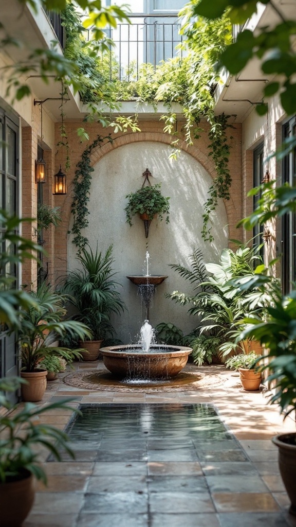 A serene balcony atrium featuring a central fountain surrounded by lush plants.