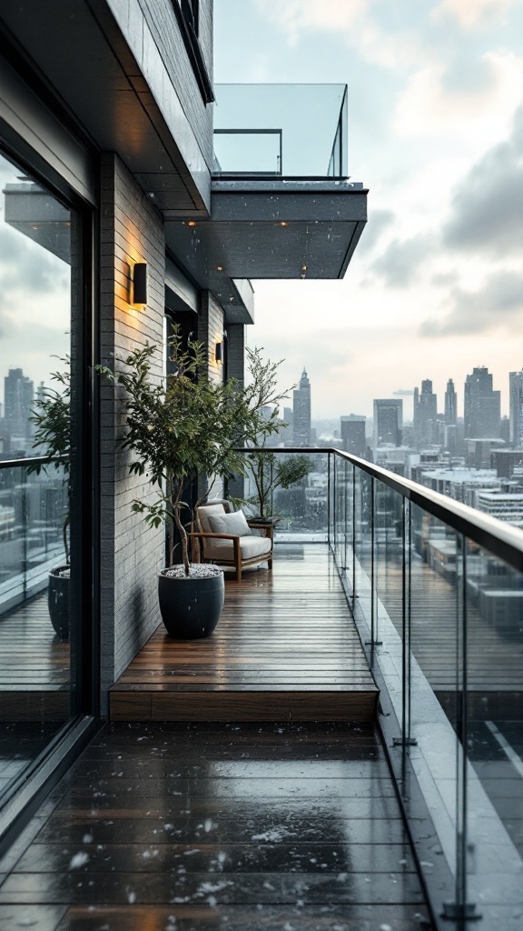 A weather-resistant modular balcony with a view of the city skyline.