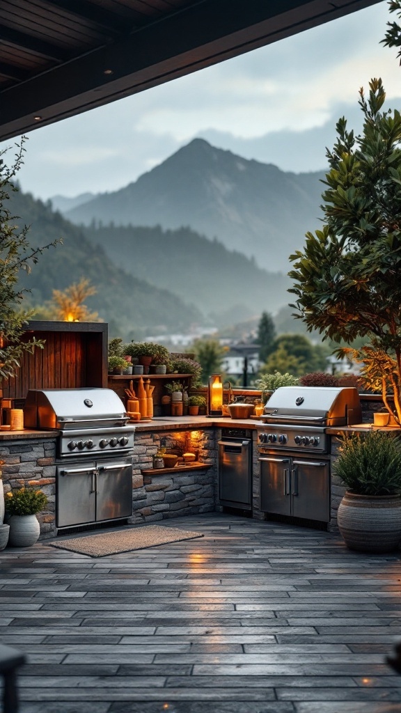 A stunning modern rustic outdoor kitchen with stainless steel grills and stone countertops, surrounded by greenery and mountains.