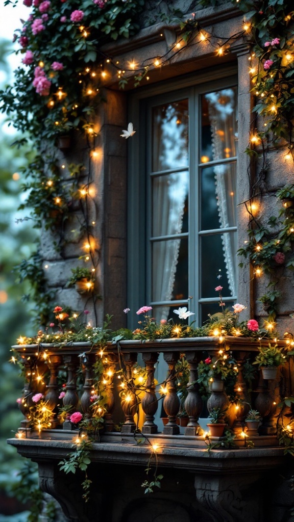 A beautifully decorated balcony with flowers and fairy lights.