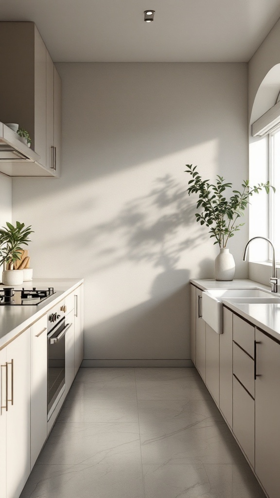 A zen-inspired minimalist kitchen with light cabinets, a white sink, and plants.