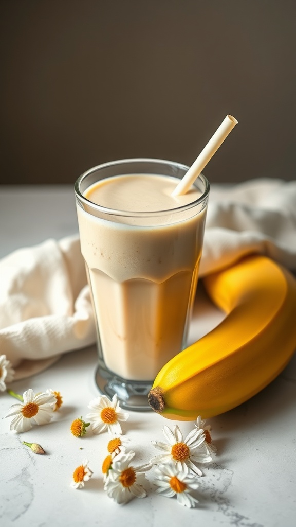 A glass of chamomile banana smoothie with a banana and chamomile flowers nearby.