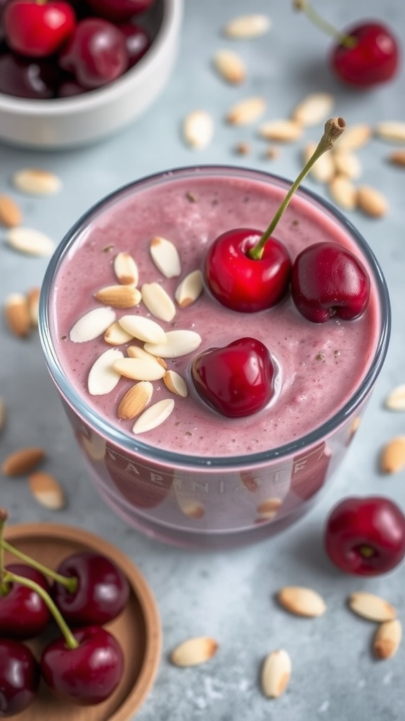 A bowl of Cherry Almond Dream smoothie topped with sliced almonds and fresh cherries.