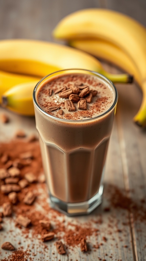 A glass of cocoa banana smoothie garnished with cocoa powder, surrounded by ripe bananas.