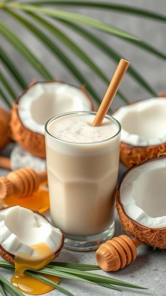 A refreshing honey coconut smoothie with a straw, surrounded by coconut halves and honey drizzles.