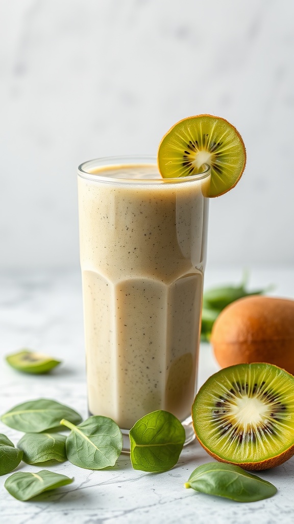 A refreshing kiwi spinach smoothie in a glass with spinach leaves and kiwi slices.