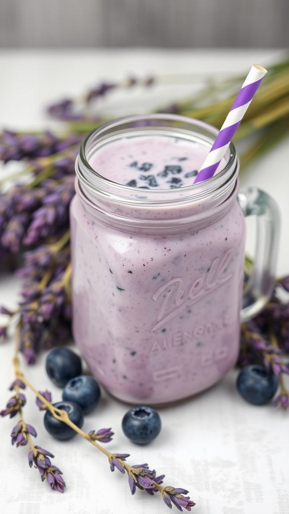A refreshing lavender blueberry smoothie in a mason jar with straws, surrounded by blueberries and lavender flowers.