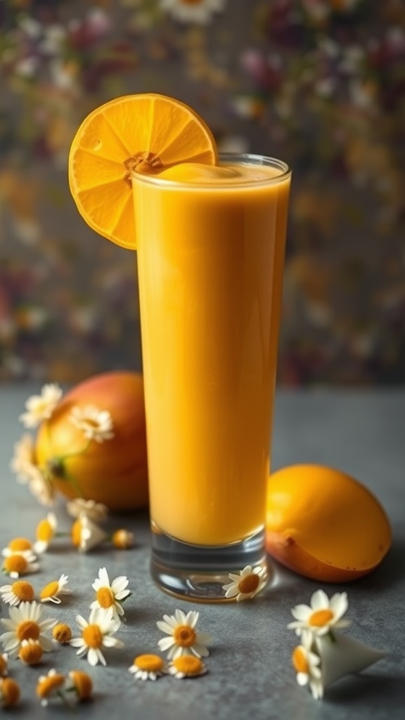 A refreshing mango chamomile smoothie in a tall glass, garnished with a slice of mango.