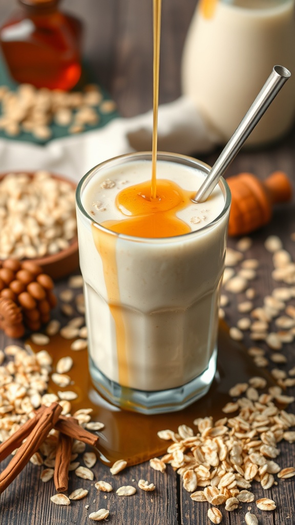 A glass of creamy oatmeal maple smoothie with a drizzle of syrup on top, surrounded by oats and cinnamon sticks.