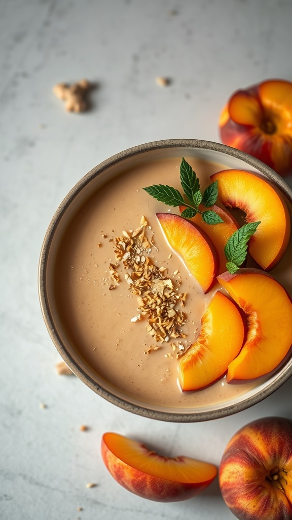 Peach Ginger Slumber smoothie bowl with sliced peaches and mint garnish