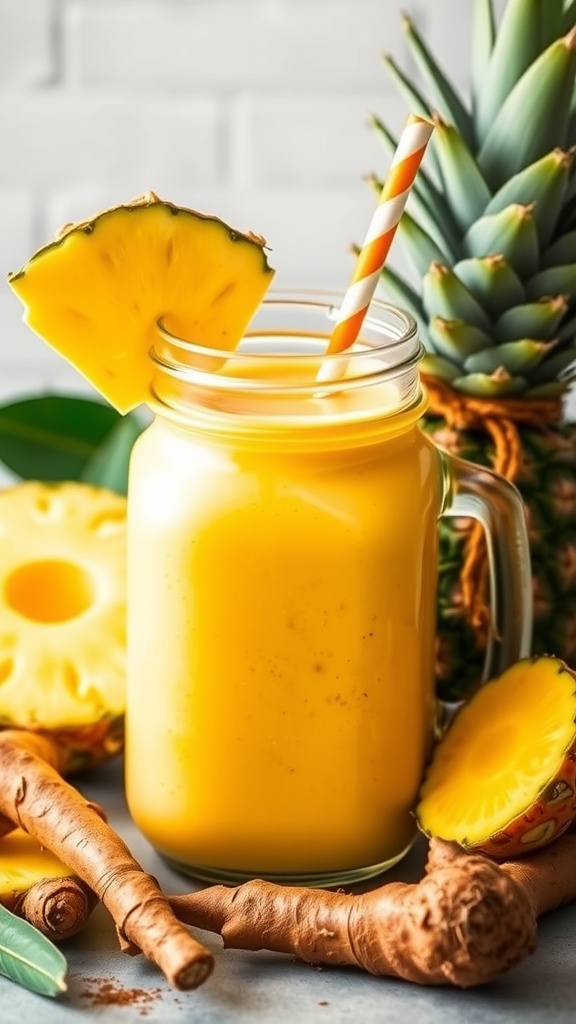 A vibrant yellow smoothie with pineapple and turmeric, served in a mason jar with colorful straws.