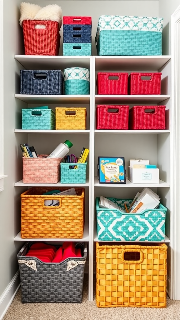 Colorful storage baskets on shelves in a home office