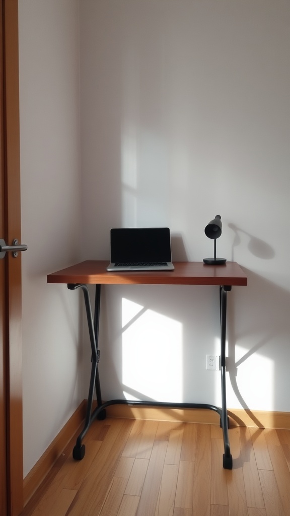 A small, foldable workstation with a laptop and lamp in a bright room.