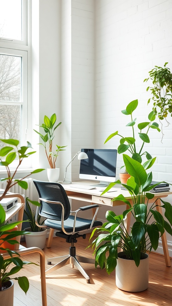 A cozy home office with plants, desk, and computer.